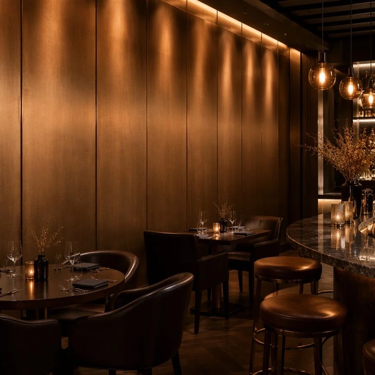 Metal effect PVC interior wall panel in restaurant interior