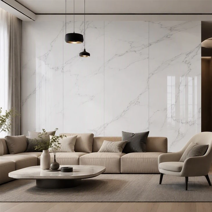 Marble effect PVC wall panels in hotel lounge interior
